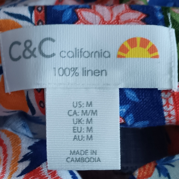 C&C California Tropical Novelty Patchwork Linen Button Front Shirt Bird Fruit Pr - Picture 6 of 6